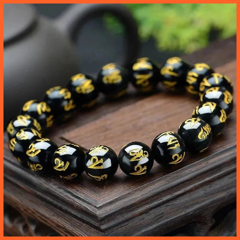 Tibetan Buddhism Six Words Mantra Bracelets For Men Women Black Obsidian Amulet Lucky Bangles Jewelry With Gift Box