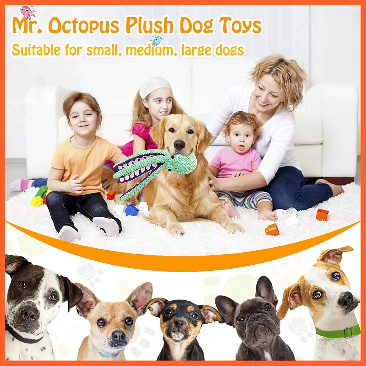 Squeaky Dog Toys, Durable Plush Dog Toy, Octopus Stuffed Dog Toys, Puppy Chew Interactive Dog Toys