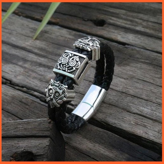 whatagift.com.au Antique Silver Plated / 17cm Viking Bracelet For Men | Black Braided Leather Cuff Stainless Steel Magnetic Clasp