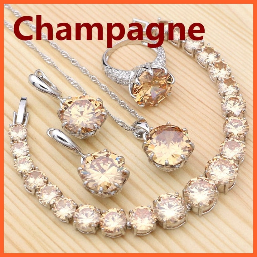 whatagift.com.au Champagne / 6 Olive Green 925 Silver Jewelry Sets For Women | Crystal Ring Bracelet Necklace Pendant Earrings