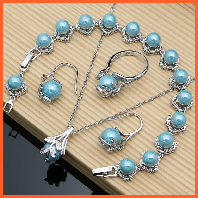 whatagift.com.au China / Sky Blue / Resizable Pearl 925 Silver Jewelry Sets | Pearl Bracelet Open Ring Necklaces Earrings Set For Valentines Day Mothers Day Women Day