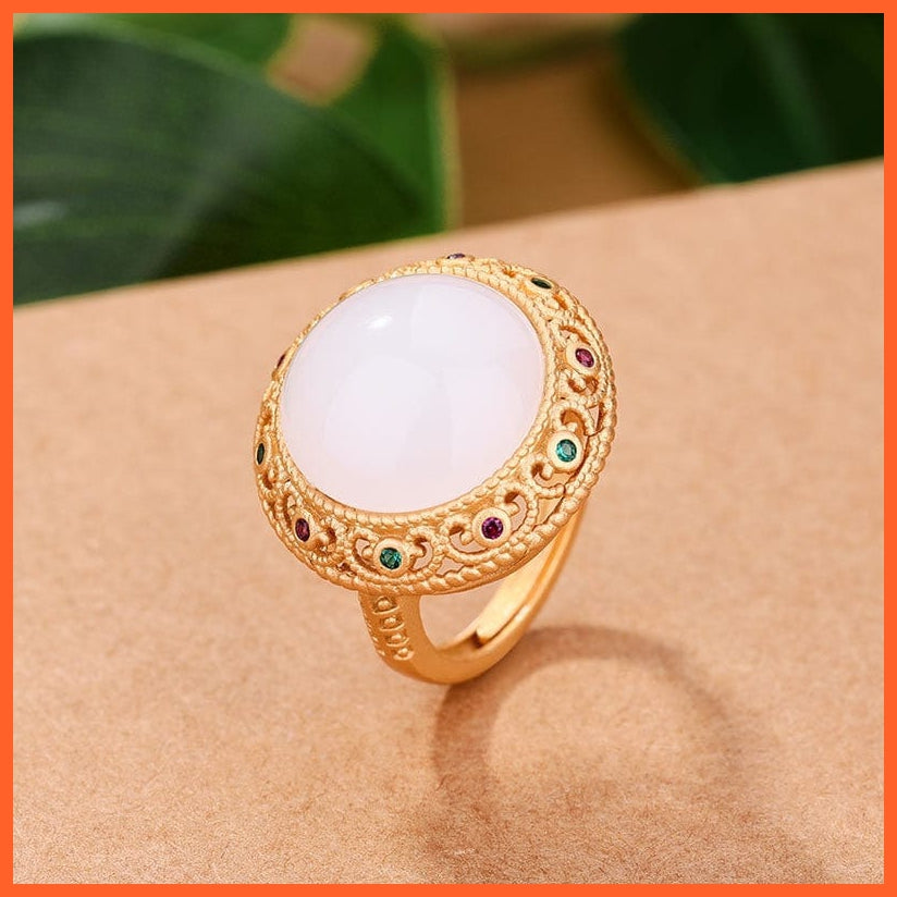 whatagift.com.au Gold Color Inlaid Hetian White Crystal jade Opening Rings for women