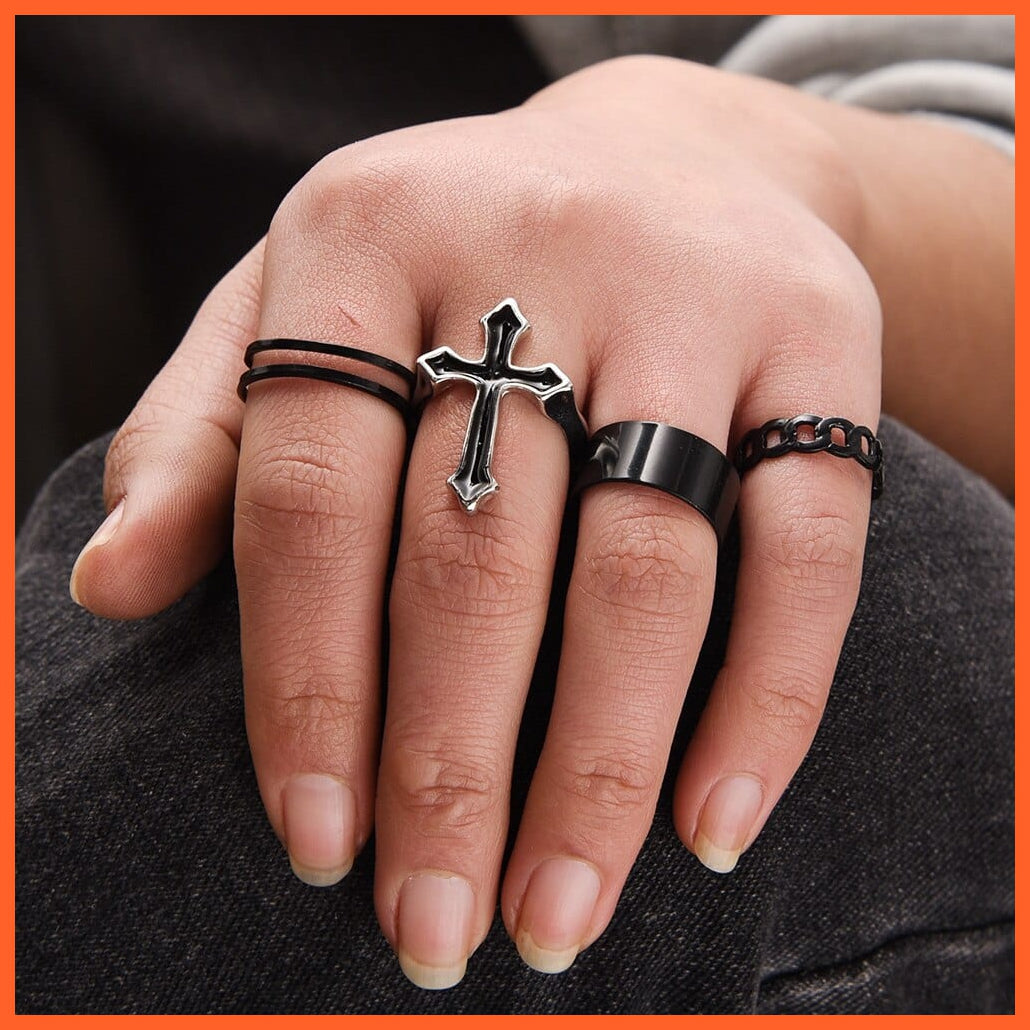 whatagift.uk Joint Cross Adjustable Ring Black Metal Punk Rings Set