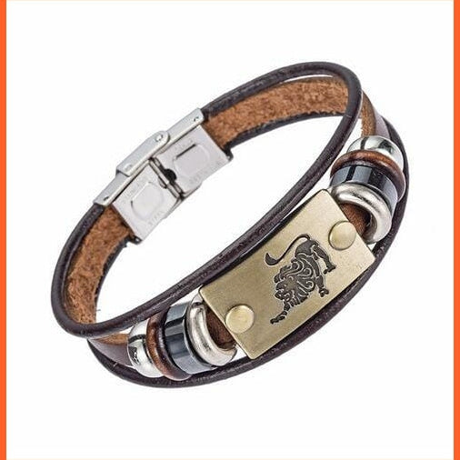 whatagift.com.au Leo Unisex Stainless Steel 12 Zodiac Signs Genuine Leather Bracelet