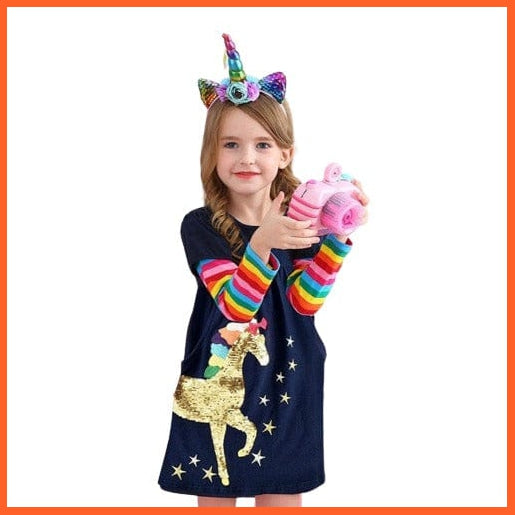 whatagift.com.au LH5806 / 10T Unicorn Rainbow Long Sleeve Children Dress For Girls
