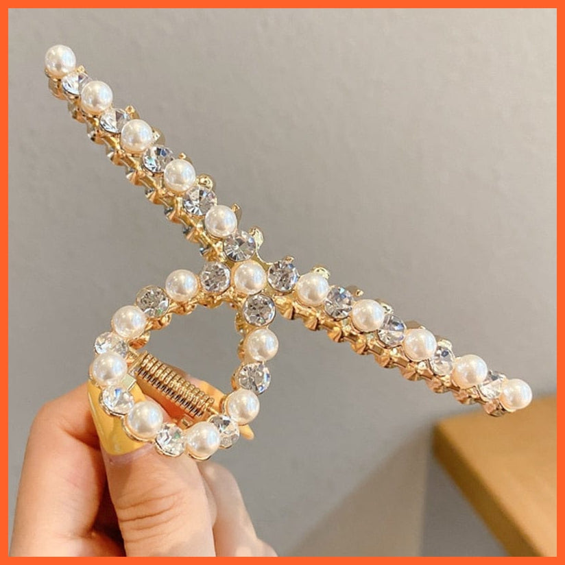 whatagift.com.au No.15 681421 / China / One Size Pearl Hair Claw Clip Set  for Women | Gold Color Metal Hairpins | Geometric Hollow Pincer Barrette Crystal Clip