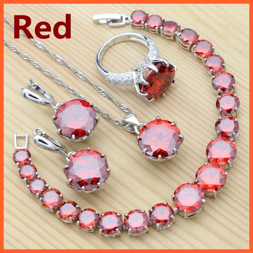 whatagift.com.au Red / 6 Olive Green 925 Silver Jewelry Sets For Women | Crystal Ring Bracelet Necklace Pendant Earrings