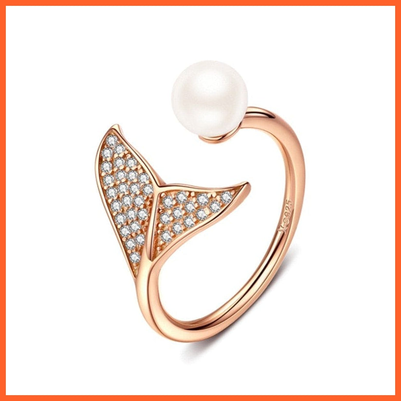 whatagift.com.au Rose Gold 925 Sterling Silver Blue CZ Dolphin Tail Opening Finger Ring | Shell Pearl Adjustable Ring for Women