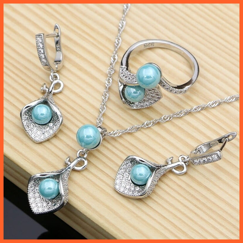 whatagift.com.au Sky blue / Resizable White Pearl 925 Silver Jewelry Sets  | Pendant Drop Earrings Open Rings For Women