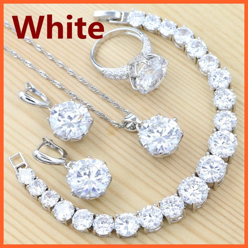 whatagift.com.au White / 6 Olive Green 925 Silver Jewelry Sets For Women | Crystal Ring Bracelet Necklace Pendant Earrings