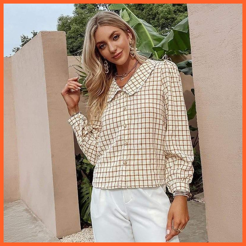 Simple Stylish Square Pattern Shirt | Women Casual V-Neck Brown Skinny Regular Sleeves Tops | whatagift.com.au.