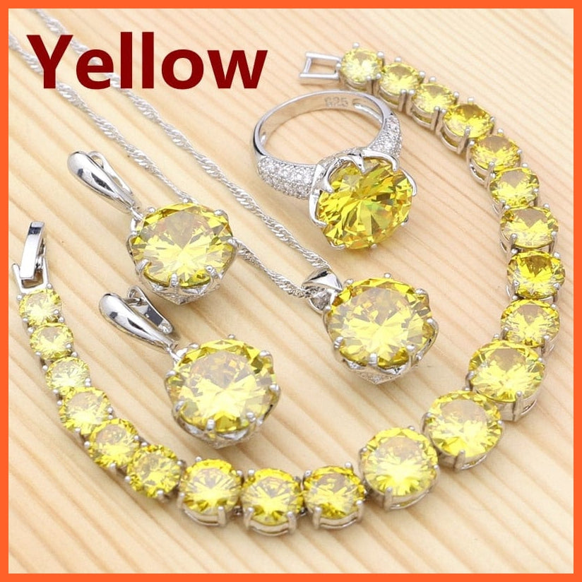 whatagift.com.au Yellow / 6 Olive Green 925 Silver Jewelry Sets For Women | Crystal Ring Bracelet Necklace Pendant Earrings