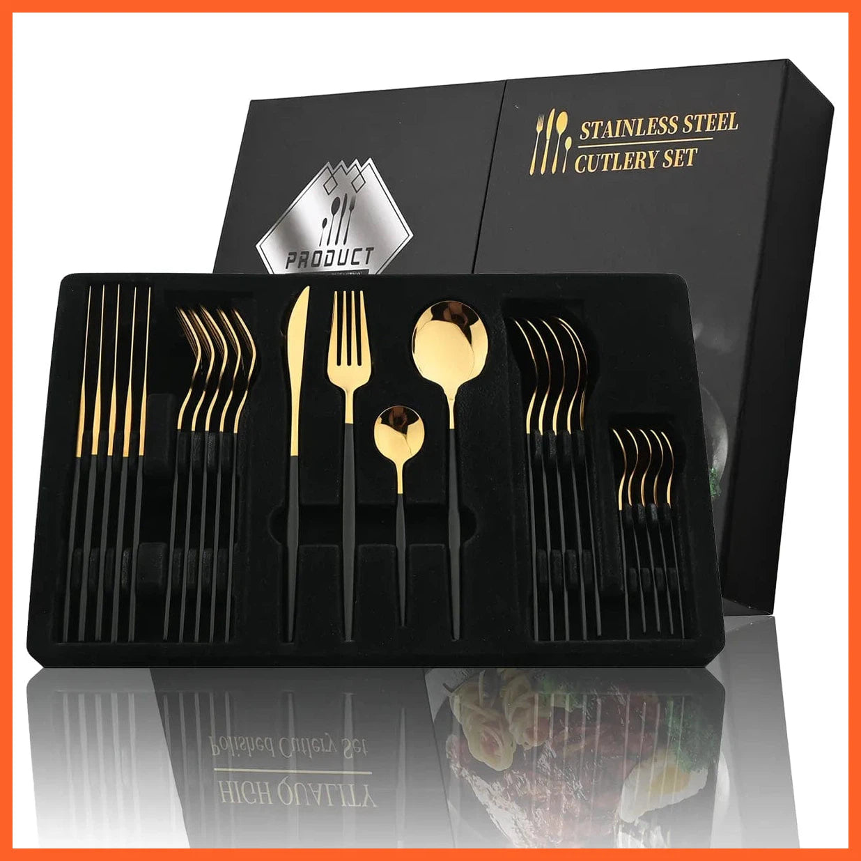 whatagift.com.au 24-Piece Black Handle Golden Cutlery Set