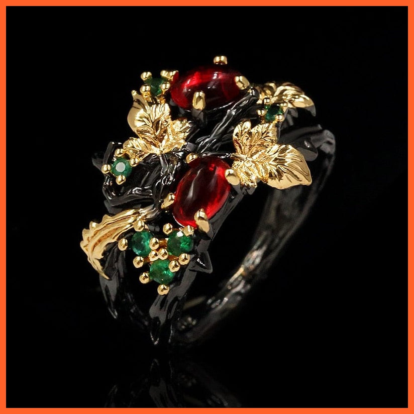 whatagift.com.au 6 / KYRA01075 Exquisite Leaf Flower Black Gold Two-color Red Zircon Ring Women