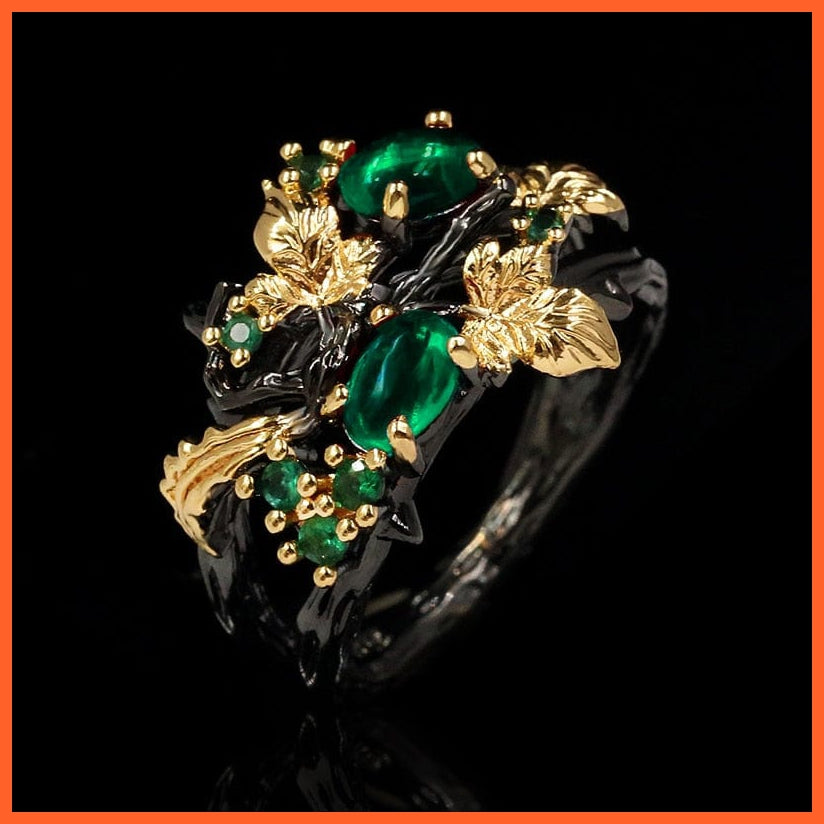 whatagift.com.au 6 / KYRA01235 Exquisite Leaf Flower Black Gold Two-color Red Zircon Ring Women