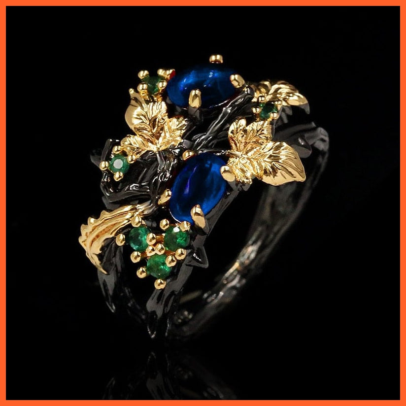 whatagift.com.au 6 / KYRA01236 Exquisite Leaf Flower Black Gold Two-color Red Zircon Ring Women