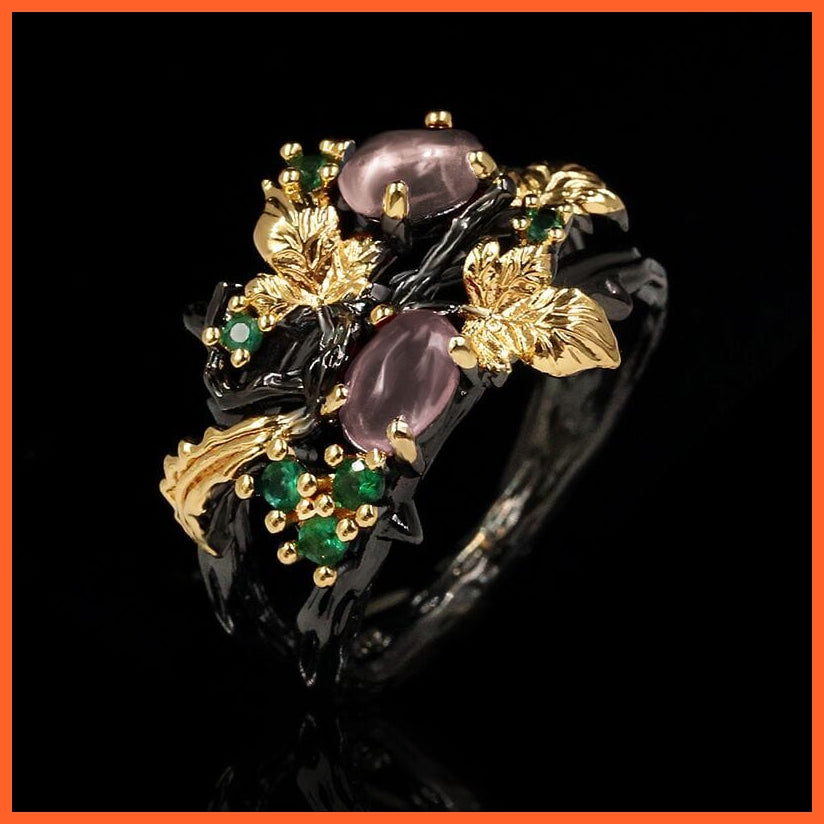 whatagift.com.au 6 / KYRA01340 Exquisite Leaf Flower Black Gold Two-color Red Zircon Ring Women
