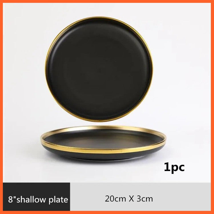 whatagift.com.au 8 inch Plate 1pcs Black Color High-quality Matte Gilt Rim White Porcelain Ceramic Dinner Plates Bowl
