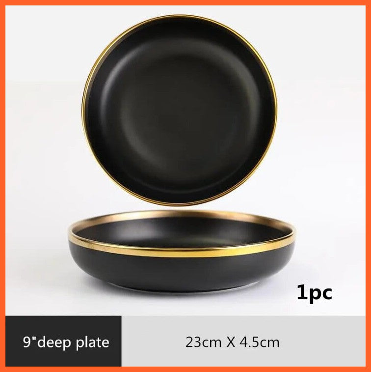 whatagift.com.au 9 inch Plate 1pcs Black Color High-quality Matte Gilt Rim White Porcelain Ceramic Dinner Plates Bowl