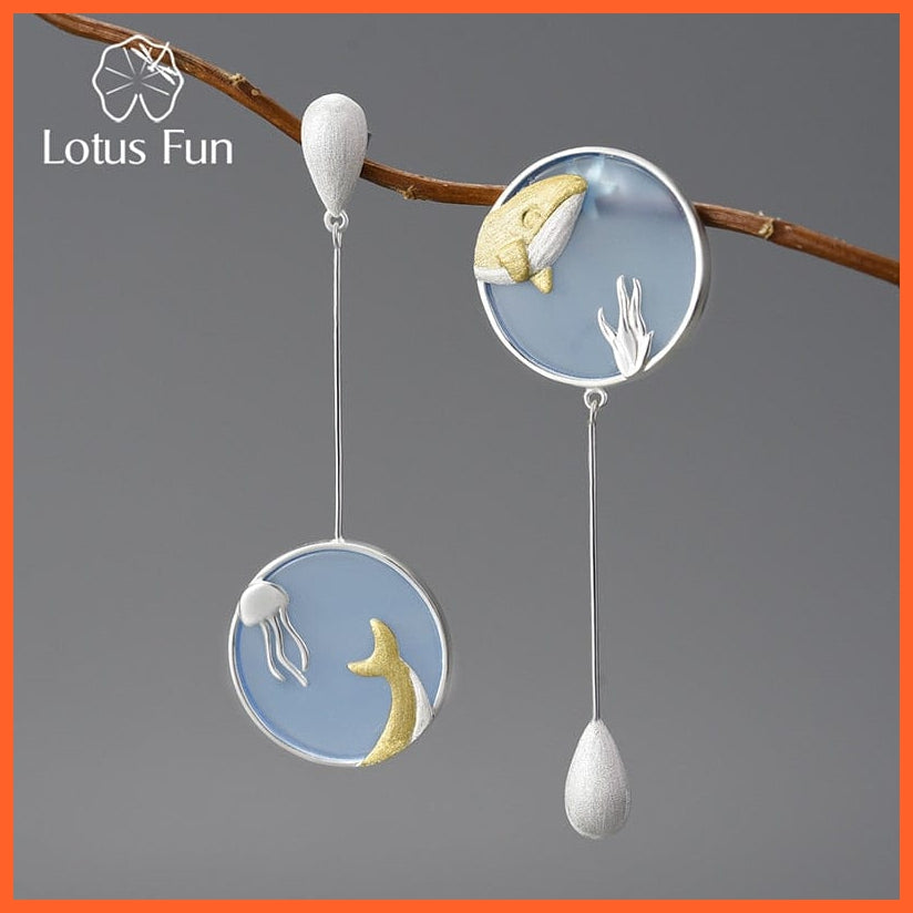 whatagift.com.au 925 Sterling Silver Gemstone Underwater World Whale Asymmetrical Long Drop Earrings