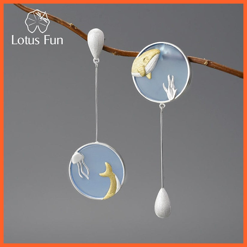 whatagift.com.au 925 Sterling Silver Gemstone Underwater World Whale Asymmetrical Long Drop Earrings