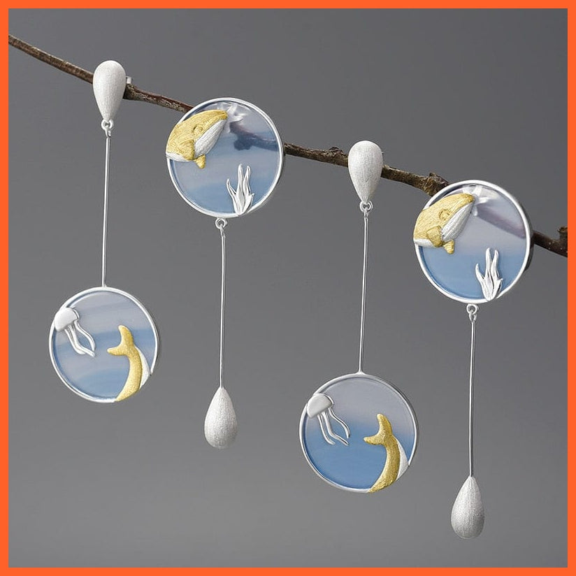 whatagift.com.au 925 Sterling Silver Gemstone Underwater World Whale Asymmetrical Long Drop Earrings