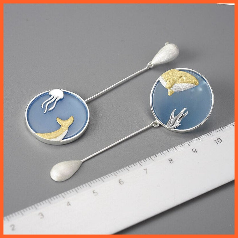 whatagift.com.au 925 Sterling Silver Gemstone Underwater World Whale Asymmetrical Long Drop Earrings