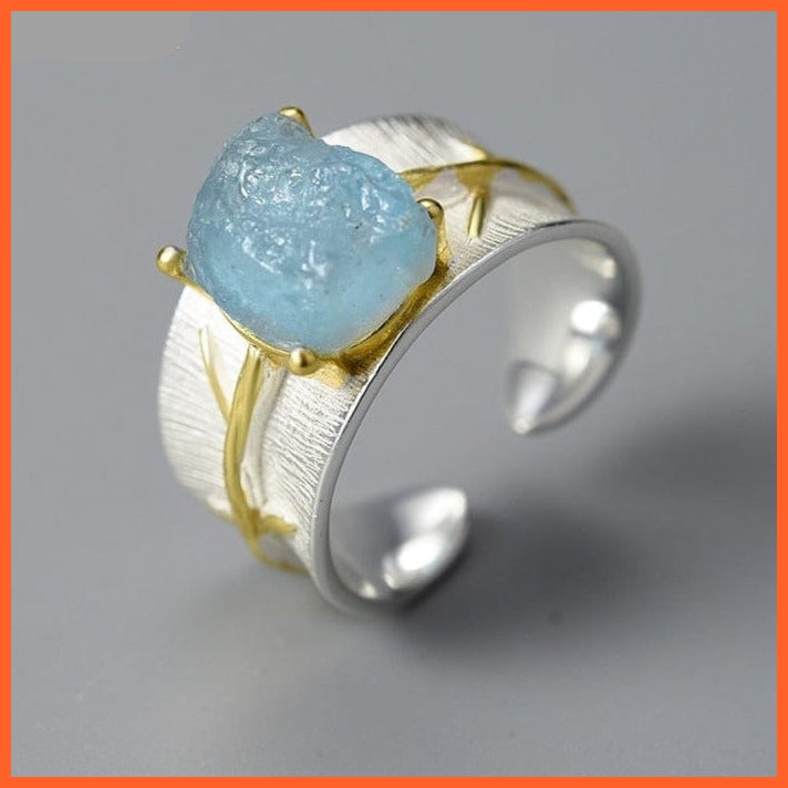 whatagift.com.au 925 Sterling Silver Long Leaves Natural Aquamarine Gemstone Adjustable Rings for Women