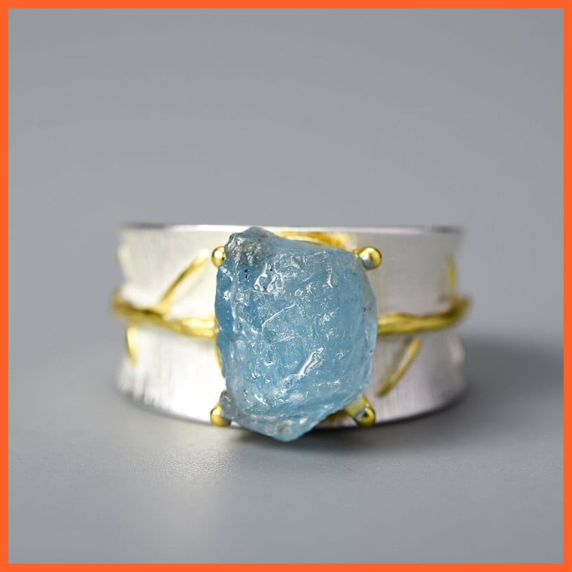 whatagift.com.au 925 Sterling Silver Long Leaves Natural Aquamarine Gemstone Adjustable Rings for Women