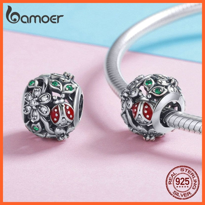 whatagift.com.au 925 Sterling Silver Red Ladybug Flower Wonderland Cubic Zircon Charms fit Bracelets