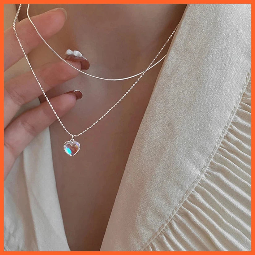 Silver Color  Double Love Heart-Shaped Moonstone Pendant Necklace Women