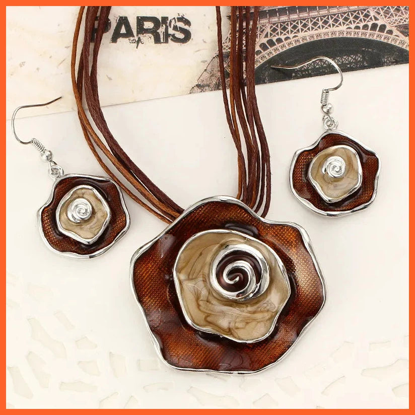 Enamel Flower Pendant Multilayer Leather Rope Jewelry Sets | Necklace Earrings Set For Women