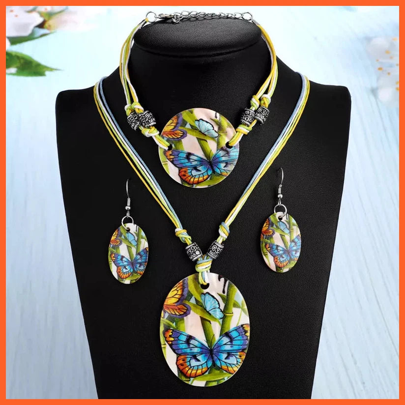 Leather Chain Enamel Shell Necklace Earrings Bracelet Jewelry Sets | Bridal Jewelry Sets