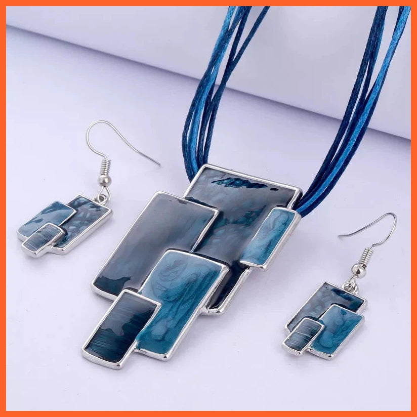 Bohemian Enamel Jewelry Sets For Women | Silver Plated Geometric Big Gem Pendant Necklace And Earrings Set