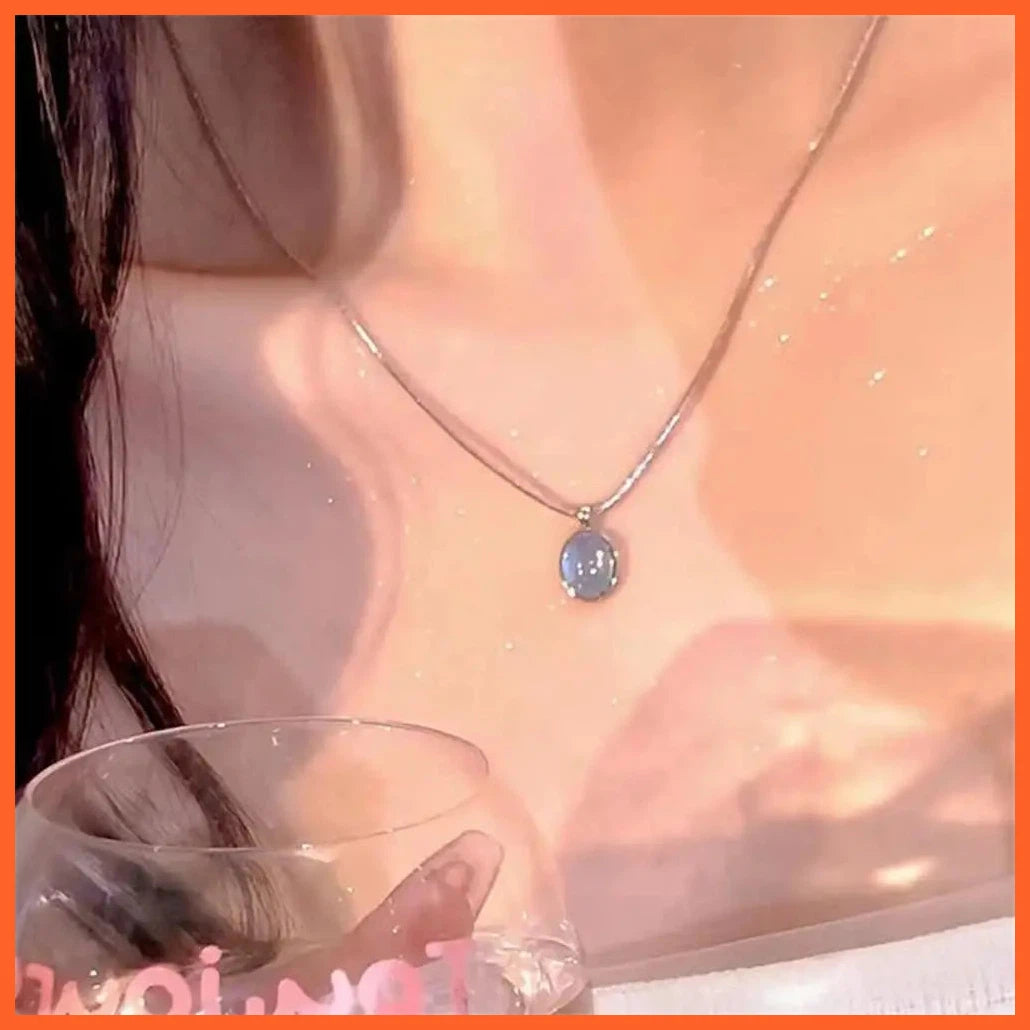 Silver Color Oval Aquamarine Pendant Necklace For Women