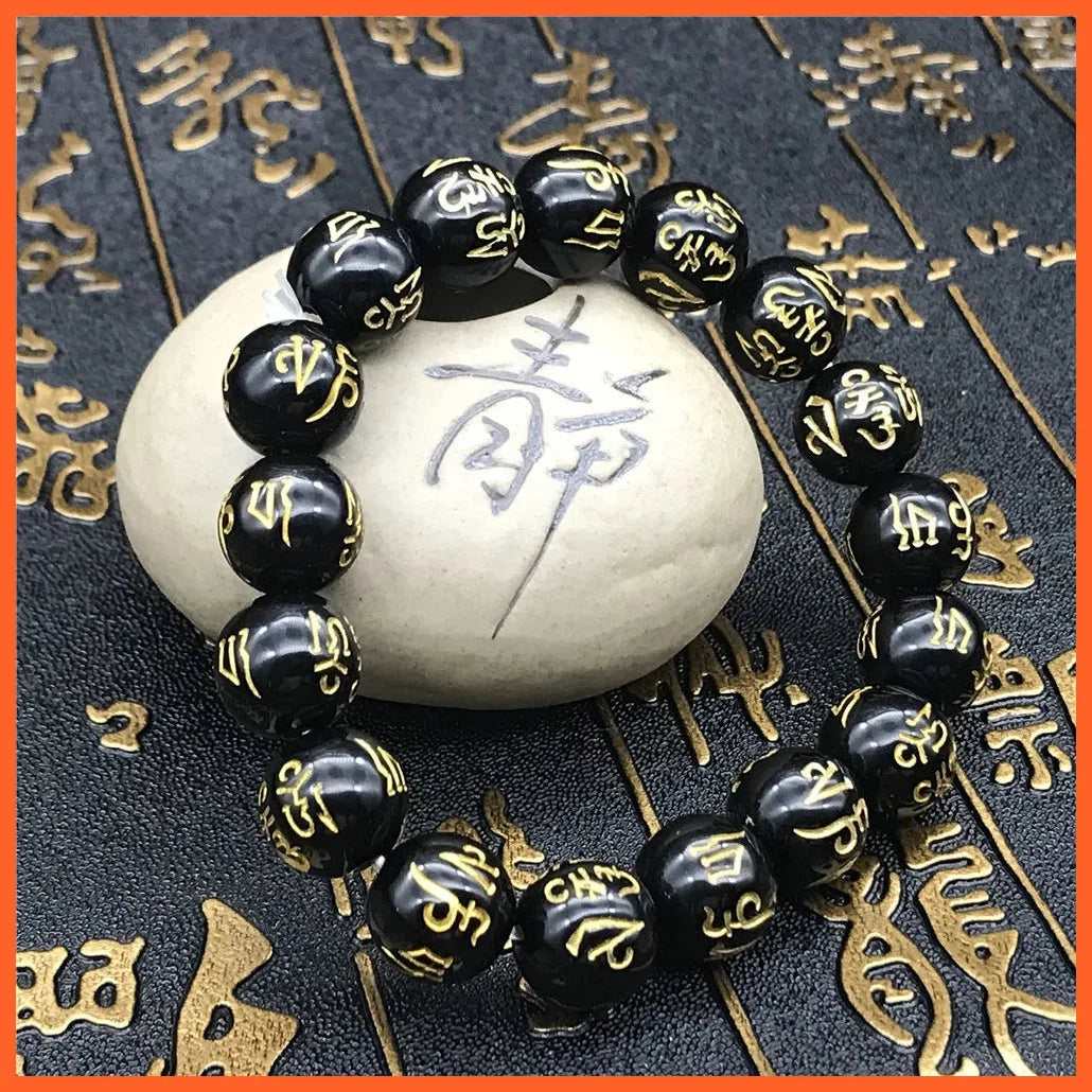 Tibetan Buddhism Six Words Mantra Bracelets For Men Women Black Obsidian Amulet Lucky Bangles Jewelry With Gift Box