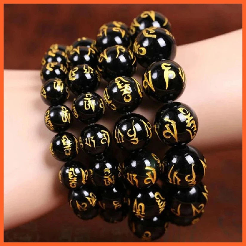 Tibetan Buddhism Six Words Mantra Bracelets For Men Women Black Obsidian Amulet Lucky Bangles Jewelry With Gift Box