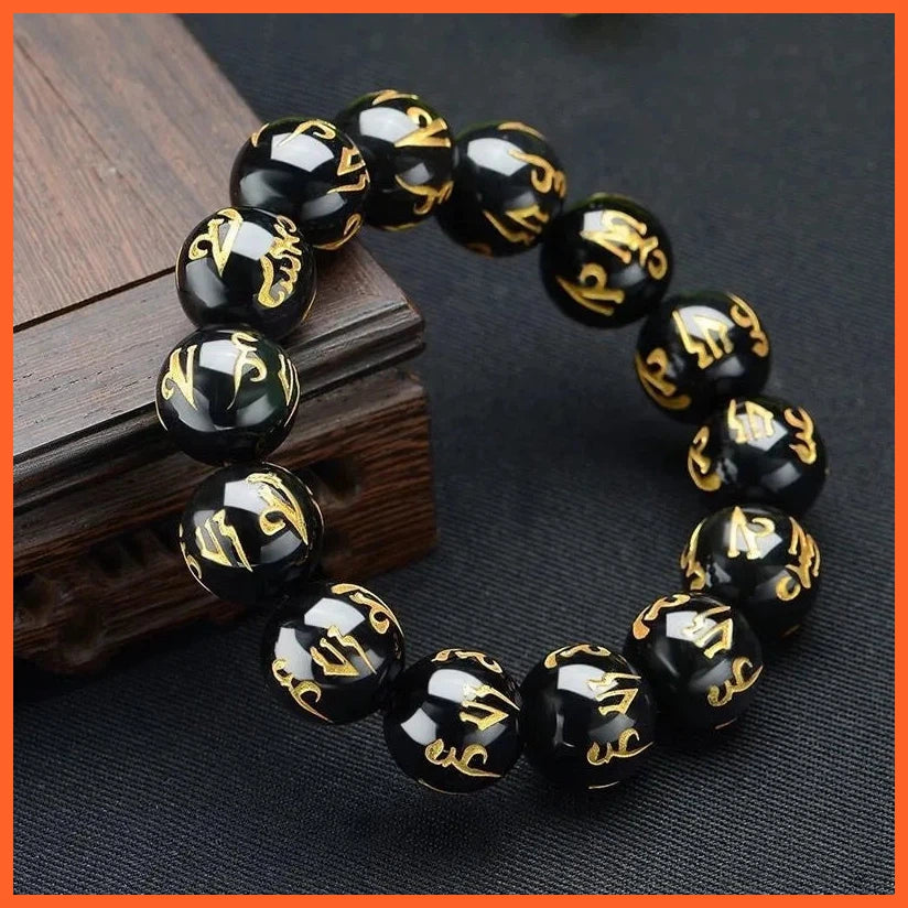 Tibetan Buddhism Six Words Mantra Bracelets For Men Women Black Obsidian Amulet Lucky Bangles Jewelry With Gift Box