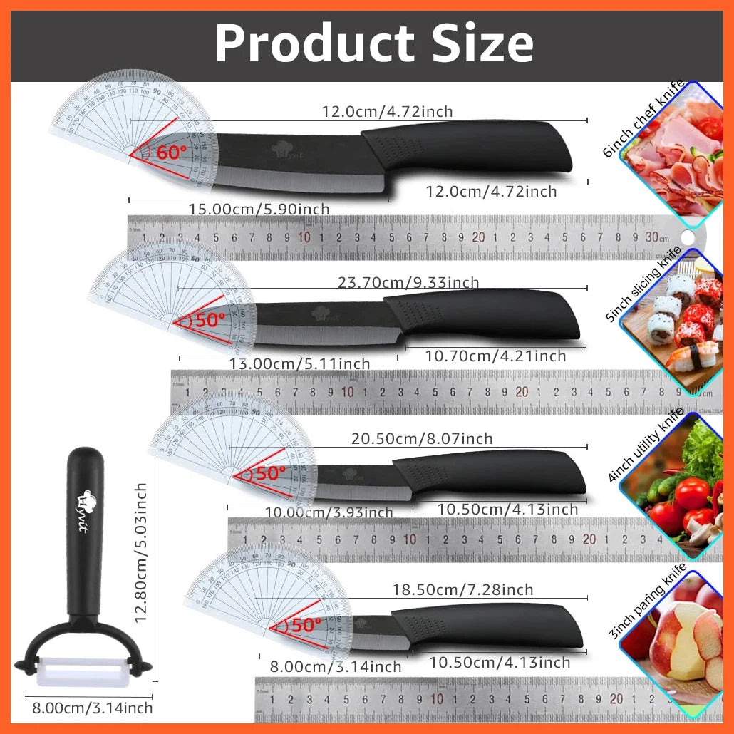 Ceramic Knives Kitchen Knives Set 3 4 5 6 Inch | Chef Knife With Vegetable Peeler White Zirconia Blade