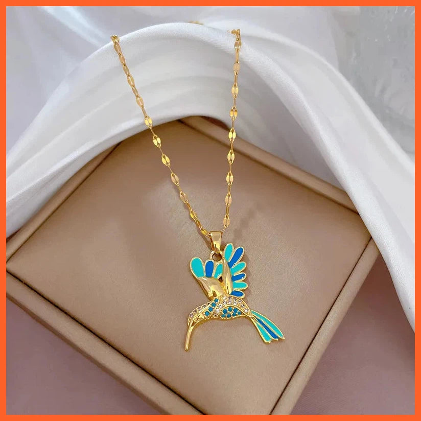 Stainless Steel Blue Hummingbird Pendant Necklace For Women