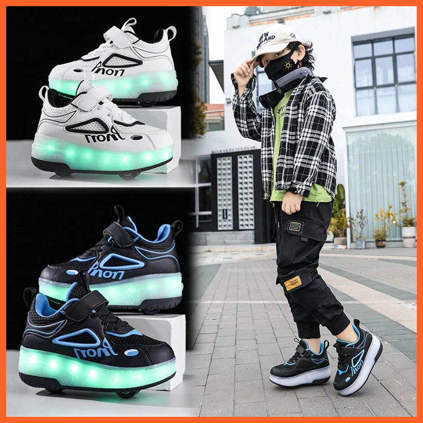 Boys Girl Led Two-Wheel Skates Walking Shoes | Rotating Button Charging Luminous Sneakers