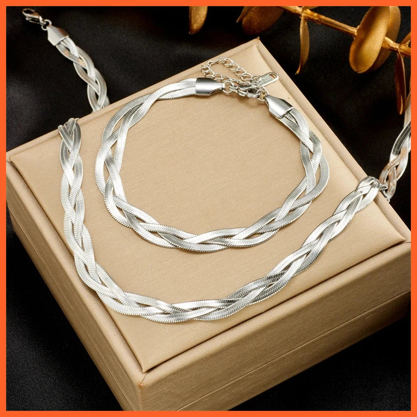 Stainless Steel 3In1 Crossover Snake Chain Necklace Bracelets For Women | Waterproof Jewelry Set