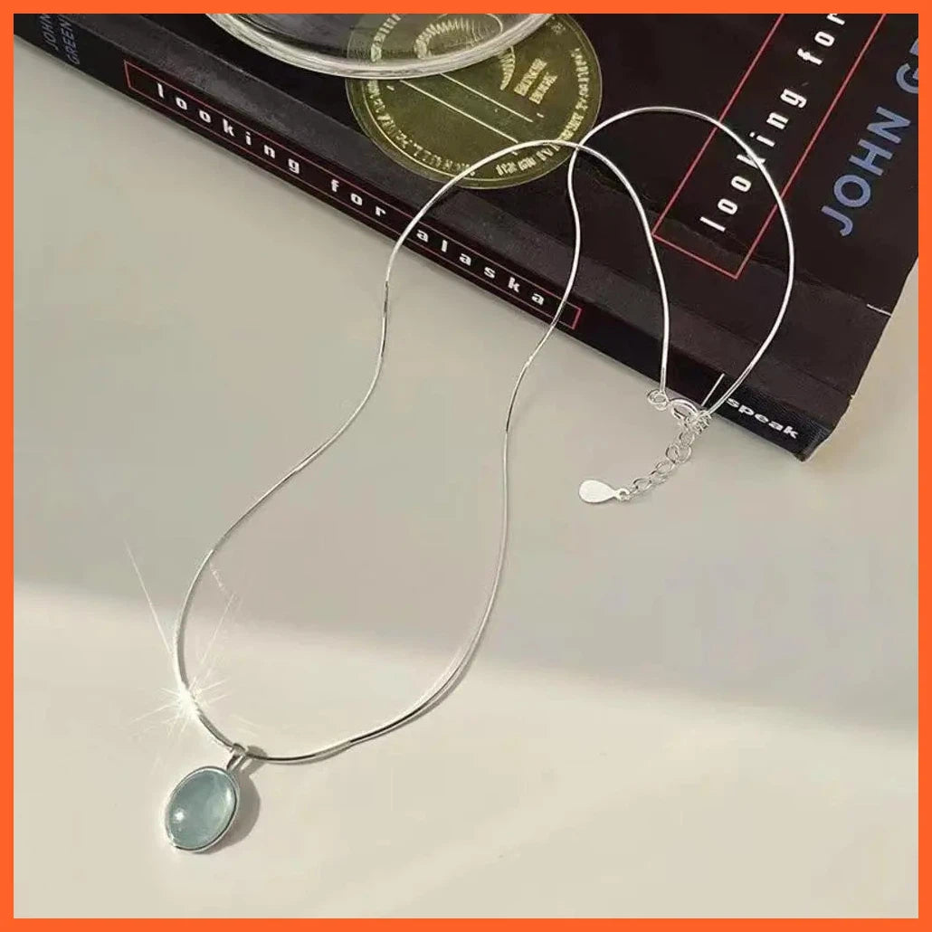 Silver Color Oval Aquamarine Pendant Necklace For Women