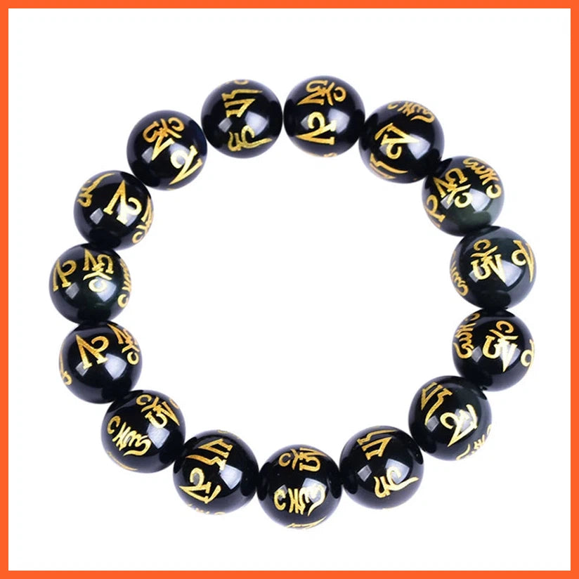 Tibetan Buddhism Six Words Mantra Bracelets For Men Women Black Obsidian Amulet Lucky Bangles Jewelry With Gift Box