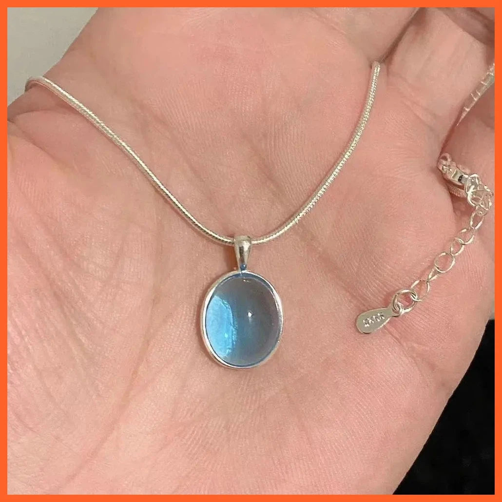 Silver Color Oval Aquamarine Pendant Necklace For Women