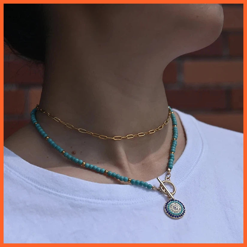4Mm Colorful Stone Choker Necklace For Women | Round Evil Charm Pendant Necklace