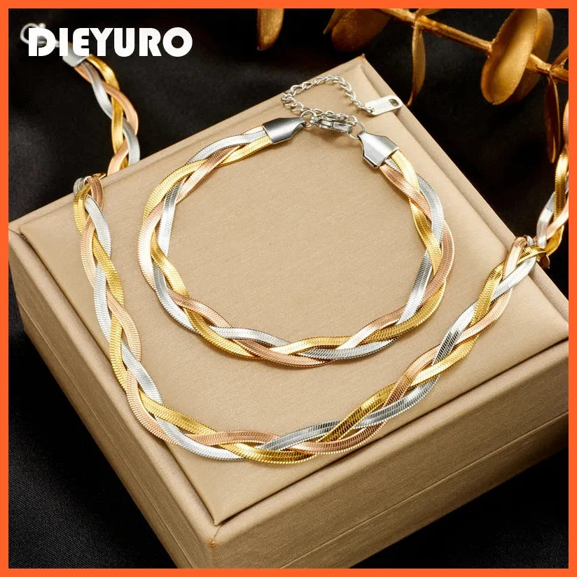 Stainless Steel 3In1 Crossover Snake Chain Necklace Bracelets For Women | Waterproof Jewelry Set