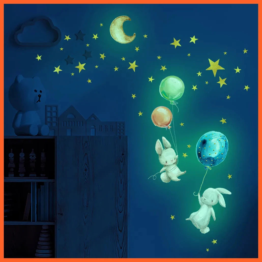 Cartoon Bunny Balloon Luminous Wall Stickers | Glow In The Dark Wallpaper For Kids Room