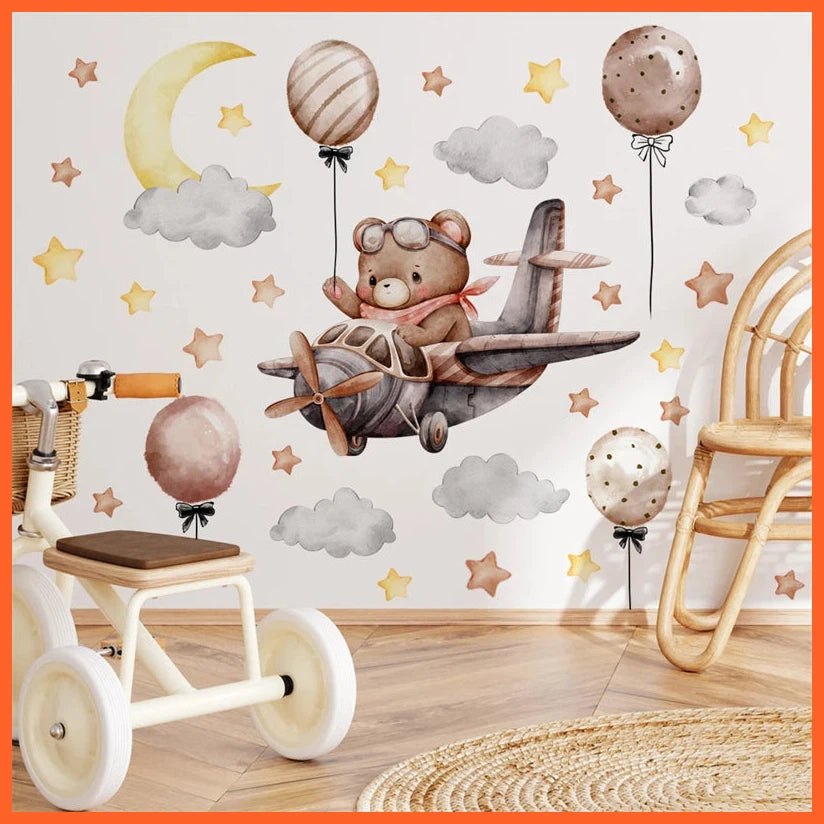 Cartoon Bear Airplane Balloon Stars Wall Stickers For Kids Room | Baby Room Decoration
