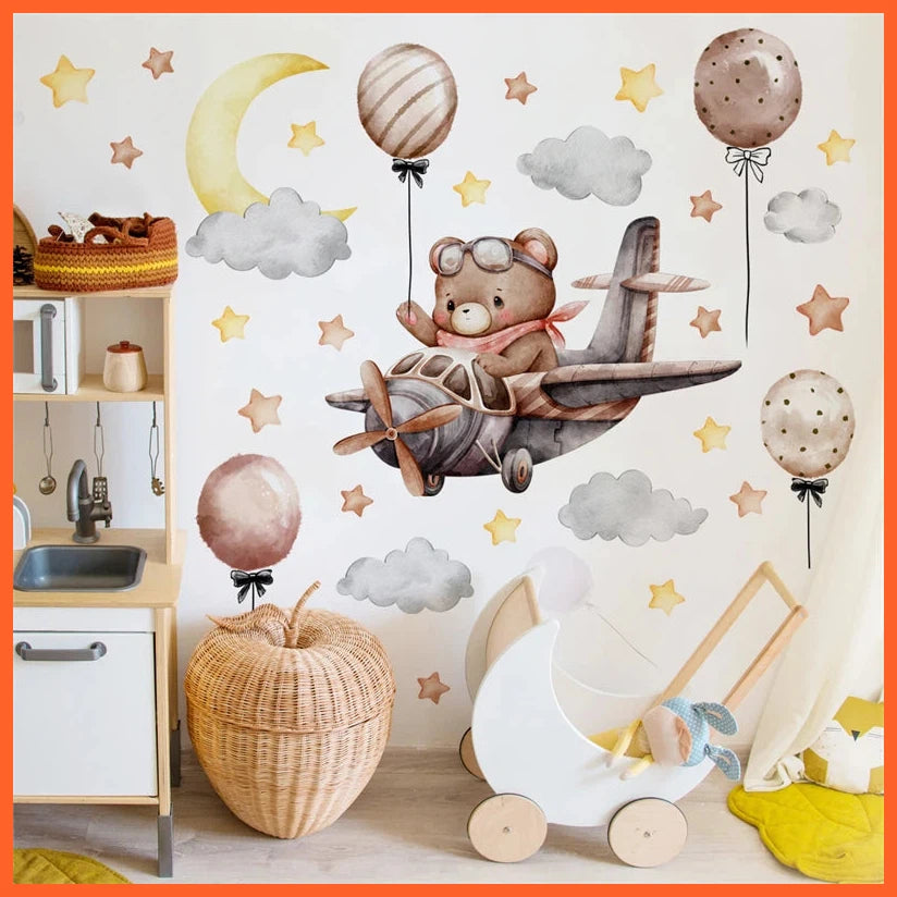 Cartoon Bear Airplane Balloon Stars Wall Stickers For Kids Room | Baby Room Decoration